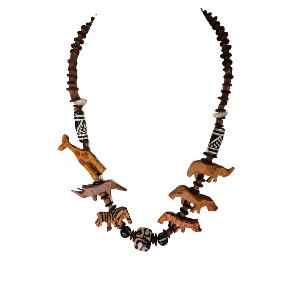 Vintage Safari Animal Fetish Charm Necklace, Carved Wood Tribal Necklace